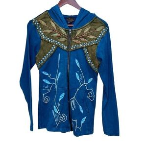 Rising International Stonewash Blue Zip up Hooded Jacket Size Small Embroidered